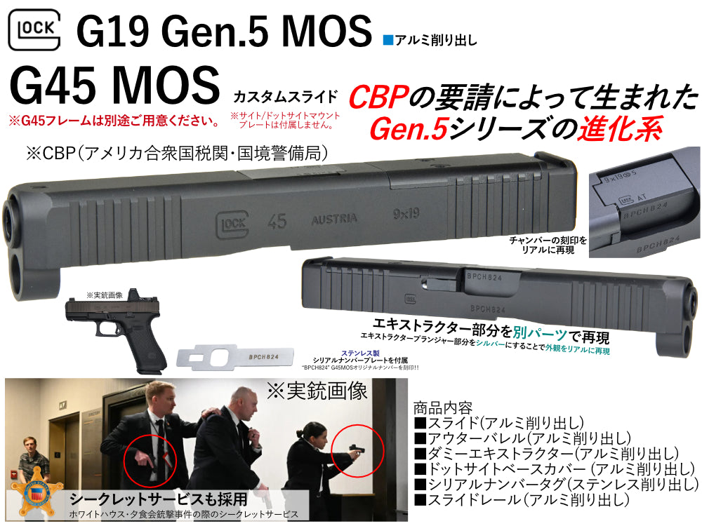 【DETONATOR】東京マルイ GLOCK19 GEN5 MOS用 GLOCK45 MOS スライドセット -BK