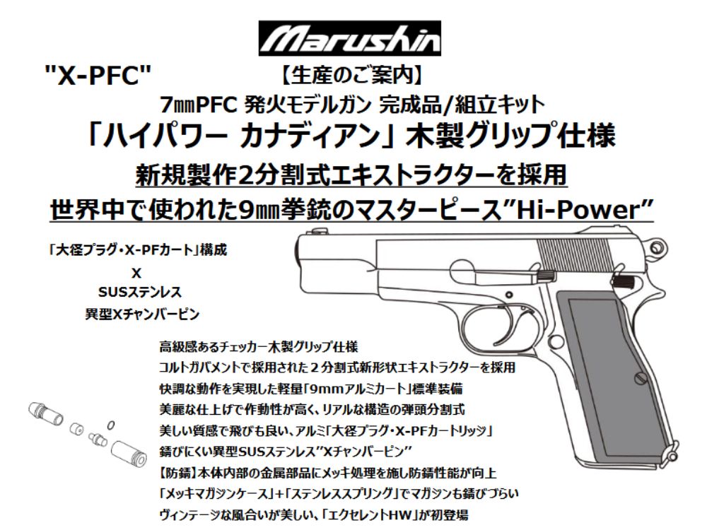 【マルシン】7mmPFC 発火モデルガン MK1 ハイパワー カナディアン 木製グリップ仕様【完成品】（2026年2月頃再販予定・予約）